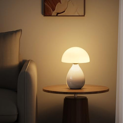 Lámpara de hongo pequeña estilo vintage, lámpara de mesa LED moderna mini para mesita de noche, lámpara pequeña regulable para dormitorio, sala de estar, base de cerámica, vidrio LED para