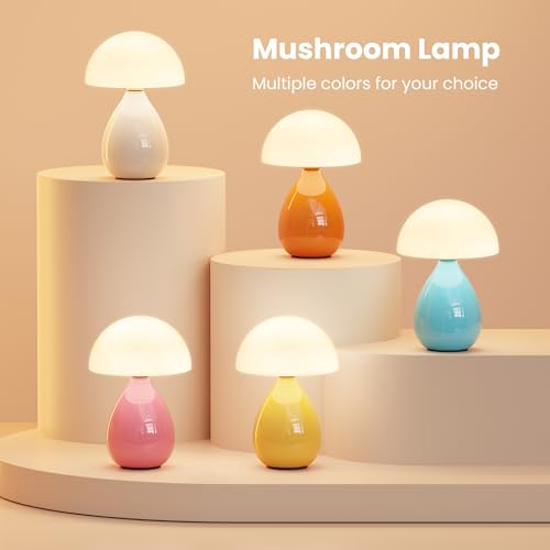 Lámpara de hongo pequeña estilo vintage, lámpara de mesa LED moderna mini para mesita de noche, lámpara pequeña regulable para dormitorio, sala de estar, base de cerámica, vidrio LED para