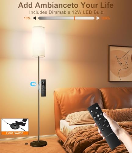 luckystyle Lámpara alta regulable de pie, bombilla LED de 12 W con pantalla, interruptor de pie, poste de temperatura de color personalizado remoto para dormitorio, oficina, niños y sala de estar