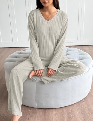 Ekouaer Conjunto de pijama de manga larga para mujer, conjunto de pijama de punto acanalado, 2 piezas, ropa de descanso casual con bolsillos