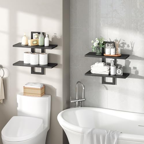 HOOBRO - Estantes flotantes, juego de 2 estantes de pared de 15 pulgadas, estantes de almacenamiento montados en la pared de 2 niveles, estantes colgantes para baño, para sala de estar, dormitorio