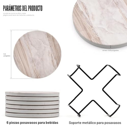 6 posavasos con soporte, posavasos de cerámica estilo mármol, juego de posavasos absorbentes adecuados para tipos de tazas, posavasos de estilo moderno para mesa de café, 4 pulgadas