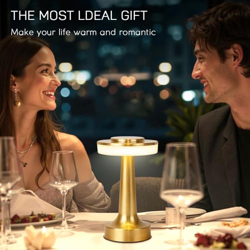 JHPGEOE Cordless Metal Desk Lamp, Touch Sensor Control LED Table Lamp, 3 Color Stepless Dimmable Battery Powered Lamp for Living Room, Dorm, Home Office (Gold)