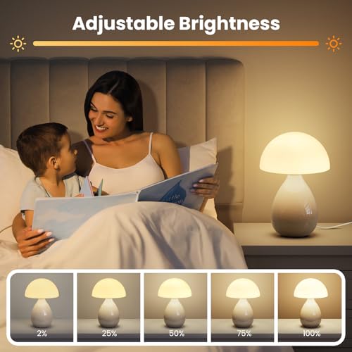 Lámpara de hongo pequeña estilo vintage, lámpara de mesa LED moderna mini para mesita de noche, lámpara pequeña regulable para dormitorio, sala de estar, base de cerámica, vidrio LED para