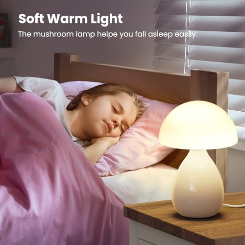Lámpara de hongo pequeña estilo vintage, lámpara de mesa LED moderna mini para mesita de noche, lámpara pequeña regulable para dormitorio, sala de estar, base de cerámica, vidrio LED para