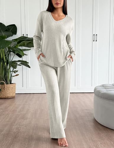 Ekouaer Conjunto de pijama de manga larga para mujer, conjunto de pijama de punto acanalado, 2 piezas, ropa de descanso casual con bolsillos