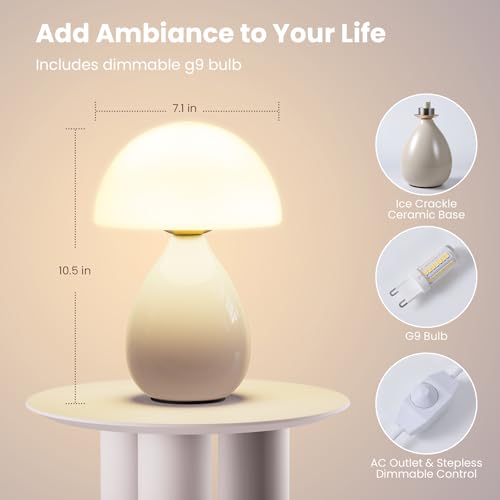Lámpara de hongo pequeña estilo vintage, lámpara de mesa LED moderna mini para mesita de noche, lámpara pequeña regulable para dormitorio, sala de estar, base de cerámica, vidrio LED para