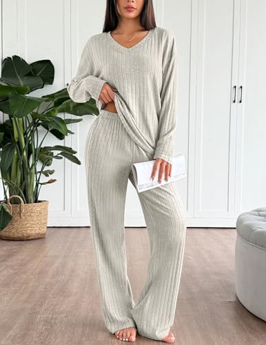Ekouaer Conjunto de pijama de manga larga para mujer, conjunto de pijama de punto acanalado, 2 piezas, ropa de descanso casual con bolsillos