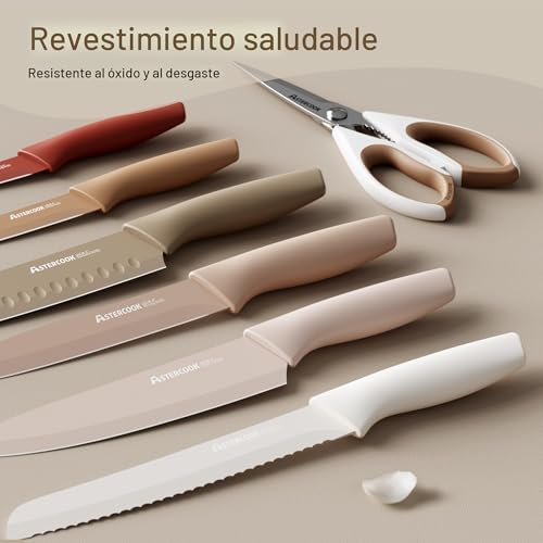 Astercook Juego de cuchillos, juego de 13 piezas de cuchillos de cocina con revestimiento saludable antióxido, apto para lavavajillas, juego de cuchillos de chef de acero inoxidable con 6 protectores