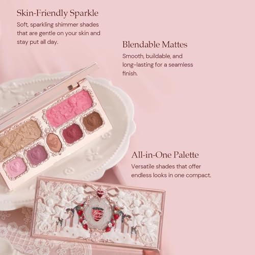 Flower Knows Strawberry Cupid Makeup Palette,Pink Face Makeup with 5 Matte + 2 Shimmer Shades,Blendable Smooth Cute All- In-One Make Up Palette,0.49 Oz(02 Cupid's Mischief)