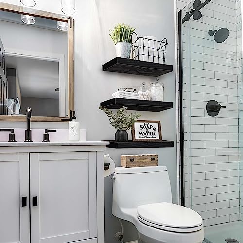QEEIG Estantes flotantes para pared, baño, dormitorio, cocina, sala de estar, estantes colgantes para libros, decoración de granja pequeña de 16 pulgadas, juego de 3, color negro (015-B3)