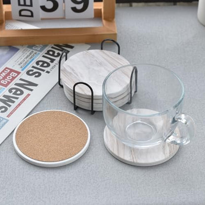 6 posavasos con soporte, posavasos de cerámica estilo mármol, juego de posavasos absorbentes adecuados para tipos de tazas, posavasos de estilo moderno para mesa de café, 4 pulgadas