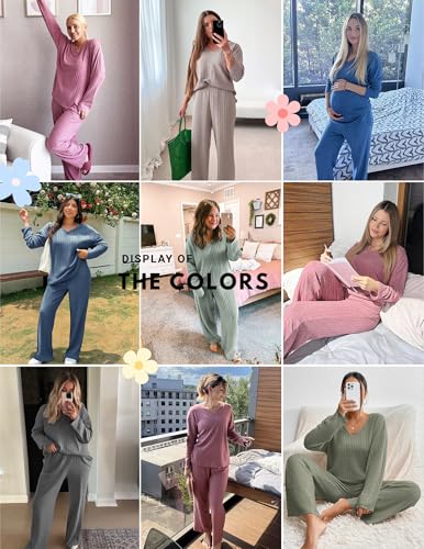 Ekouaer Conjunto de pijama de manga larga para mujer, conjunto de pijama de punto acanalado, 2 piezas, ropa de descanso casual con bolsillos