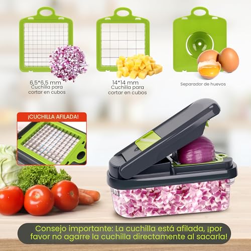 Yusshn Picador de verduras, picador de alimentos multifuncional 12 en 1, picador profesional de cebolla con 7 cuchillas, cortador de verduras con recipiente para ensalada, papa, zanahoria y ajo
