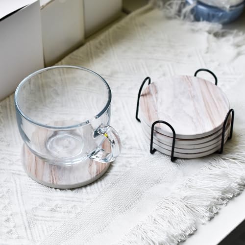 6 posavasos con soporte, posavasos de cerámica estilo mármol, juego de posavasos absorbentes adecuados para tipos de tazas, posavasos de estilo moderno para mesa de café, 4 pulgadas