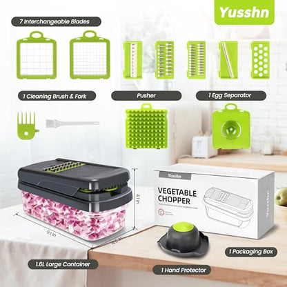 Yusshn Picador de verduras, picador de alimentos multifuncional 12 en 1, picador profesional de cebolla con 7 cuchillas, cortador de verduras con recipiente para ensalada, papa, zanahoria y ajo