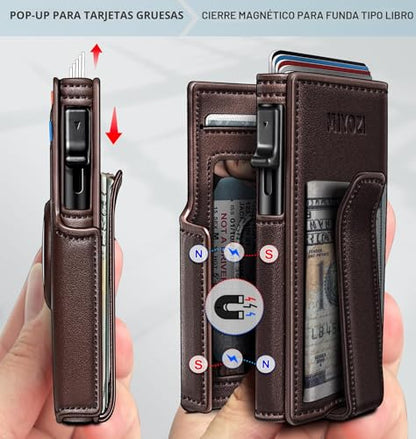 Miyozi - Billetera Airtag para hombre, con clip de dinero, estuche metálico para 10 tarjetas, cartera inteligente y delgada con apertura desplegable, portafolios con cierre magnético, bloqueo RFID