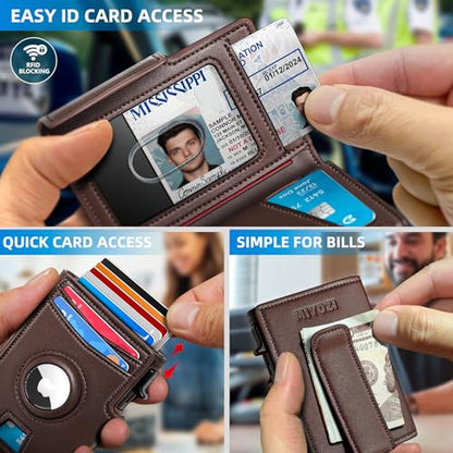 Miyozi - Billetera Airtag para hombre, con clip de dinero, estuche metálico para 10 tarjetas, cartera inteligente y delgada con apertura desplegable, portafolios con cierre magnético, bloqueo RFID
