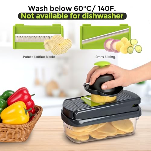 Yusshn Picador de verduras, picador de alimentos multifuncional 12 en 1, picador profesional de cebolla con 7 cuchillas, cortador de verduras con recipiente para ensalada, papa, zanahoria y ajo