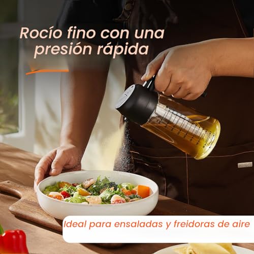 TrendPlain - Pulverizador de aceite de oliva de vidrio de 16oz/470ml para cocinar – Botella dispensadora de aceite de oliva 2 en 1 para accesorios de cocina y freidora de aire, ensalada, parrilla