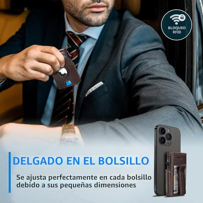 Miyozi - Billetera Airtag para hombre, con clip de dinero, estuche metálico para 10 tarjetas, cartera inteligente y delgada con apertura desplegable, portafolios con cierre magnético, bloqueo RFID
