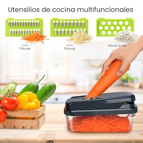 Yusshn Picador de verduras, picador de alimentos multifuncional 12 en 1, picador profesional de cebolla con 7 cuchillas, cortador de verduras con recipiente para ensalada, papa, zanahoria y ajo