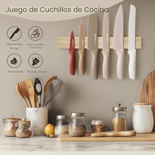 Astercook Juego de cuchillos, juego de 13 piezas de cuchillos de cocina con revestimiento saludable antióxido, apto para lavavajillas, juego de cuchillos de chef de acero inoxidable con 6 protectores